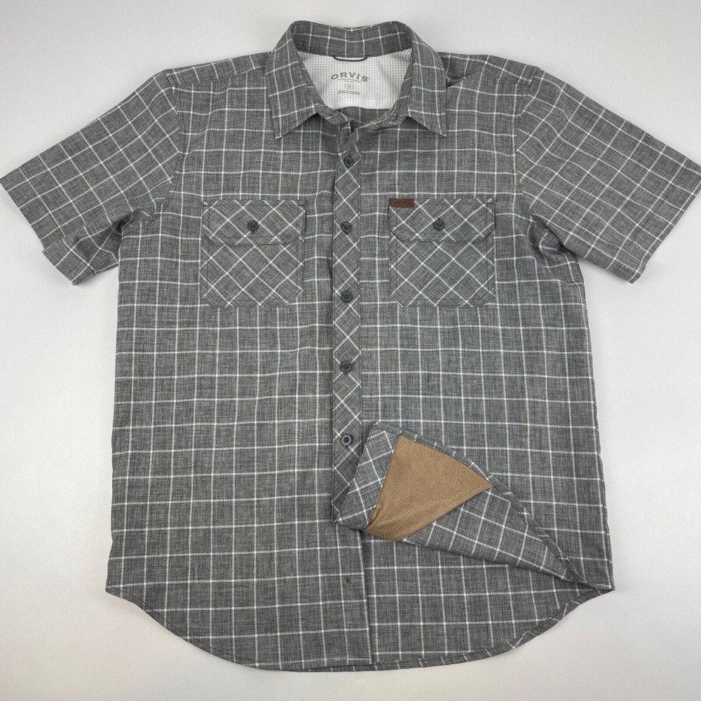 Orvis Men's Size M Short Sleeve Polyester Outdoor Tech Hiking Shirt Lens Cleaner